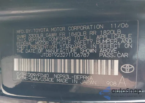 2007 Toyota Yaris z USA, uszkodzony, nr VIN JTDBT923271106787